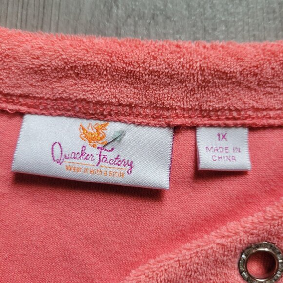 Quacker Factory Coral Terrycloth Top W/Metal Grommet Neckline 1X Short Sleeve Wo - Picture 5 of 6